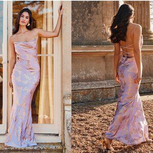 HOUSE OF CB 'Capriana'‎ Orchid Jacquard Satin Gown NWOT metallic gold purple M